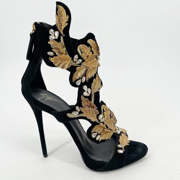 Giuseppe Zanotti Coline Black Suede Gold Leaf Crystal Heel Sandals size IT 37.5 - Picture 2 of 13
